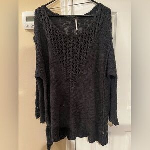 Free People Black Open-Knit V‑Neck Sweater